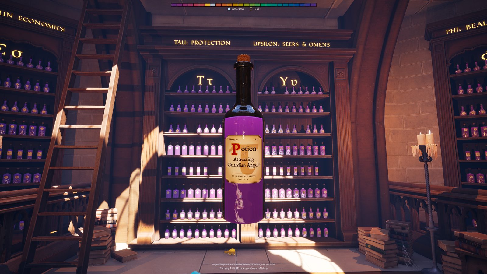 Reading a purple potion's label in front of the shelves