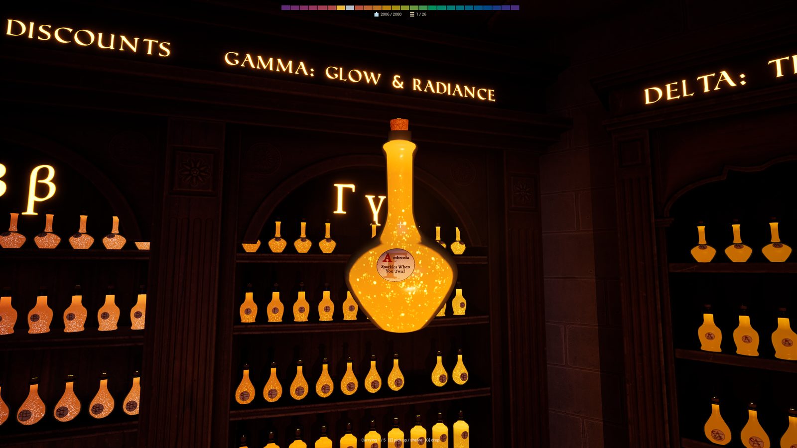 A glowing potion held up in front of the Gamma: Glow & Radiance shelf