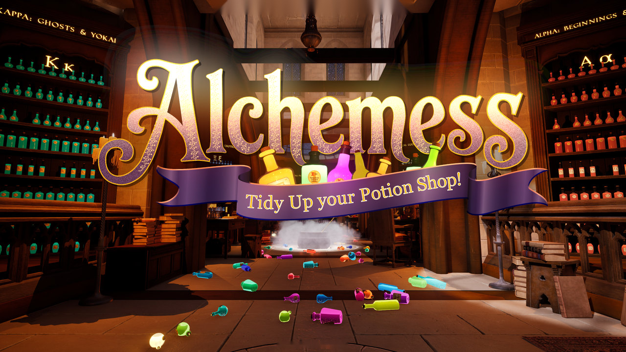 Alchemess key art — the potion shop with the title logo