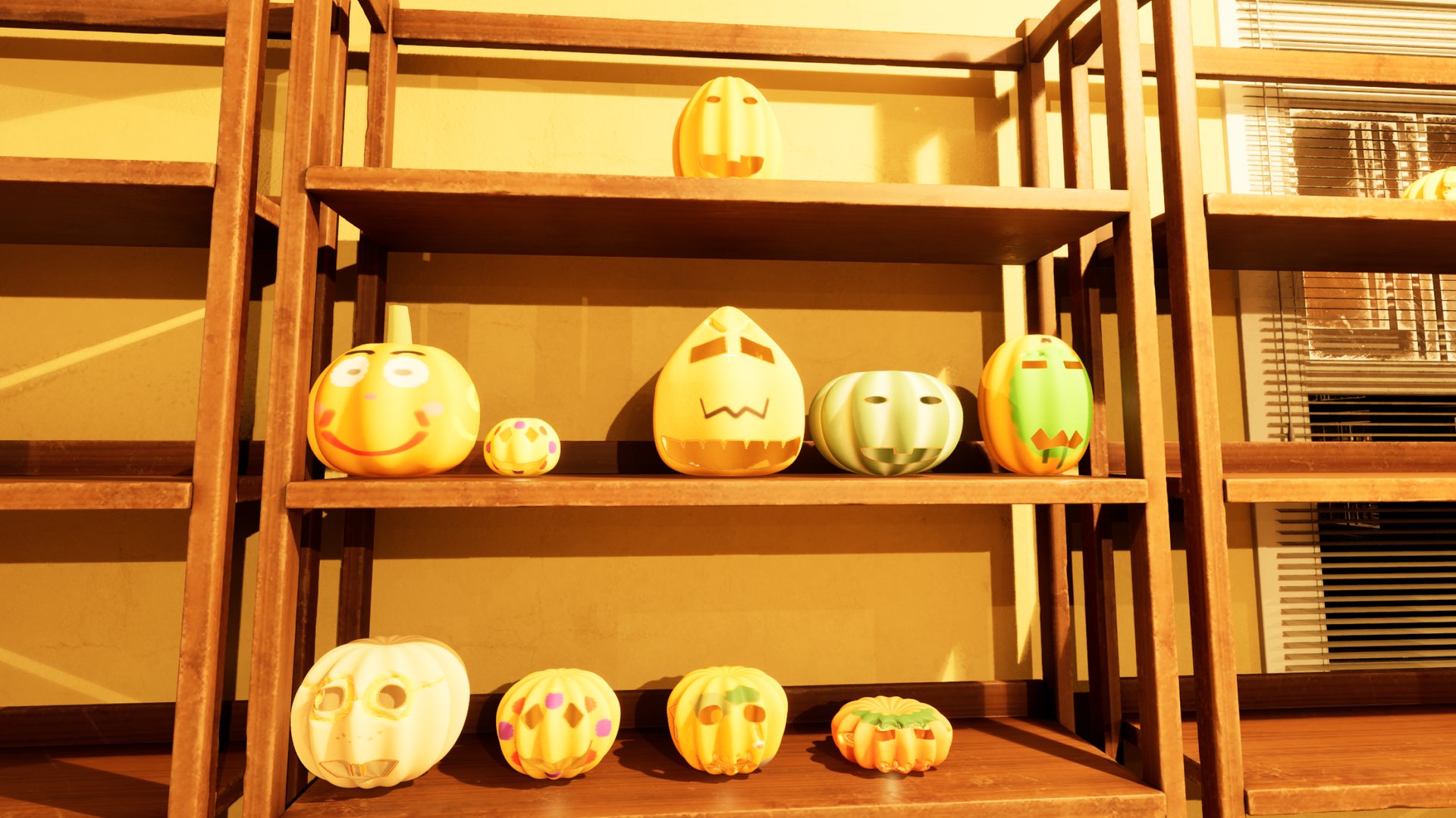 Carved pumpkins on a wooden shelf
